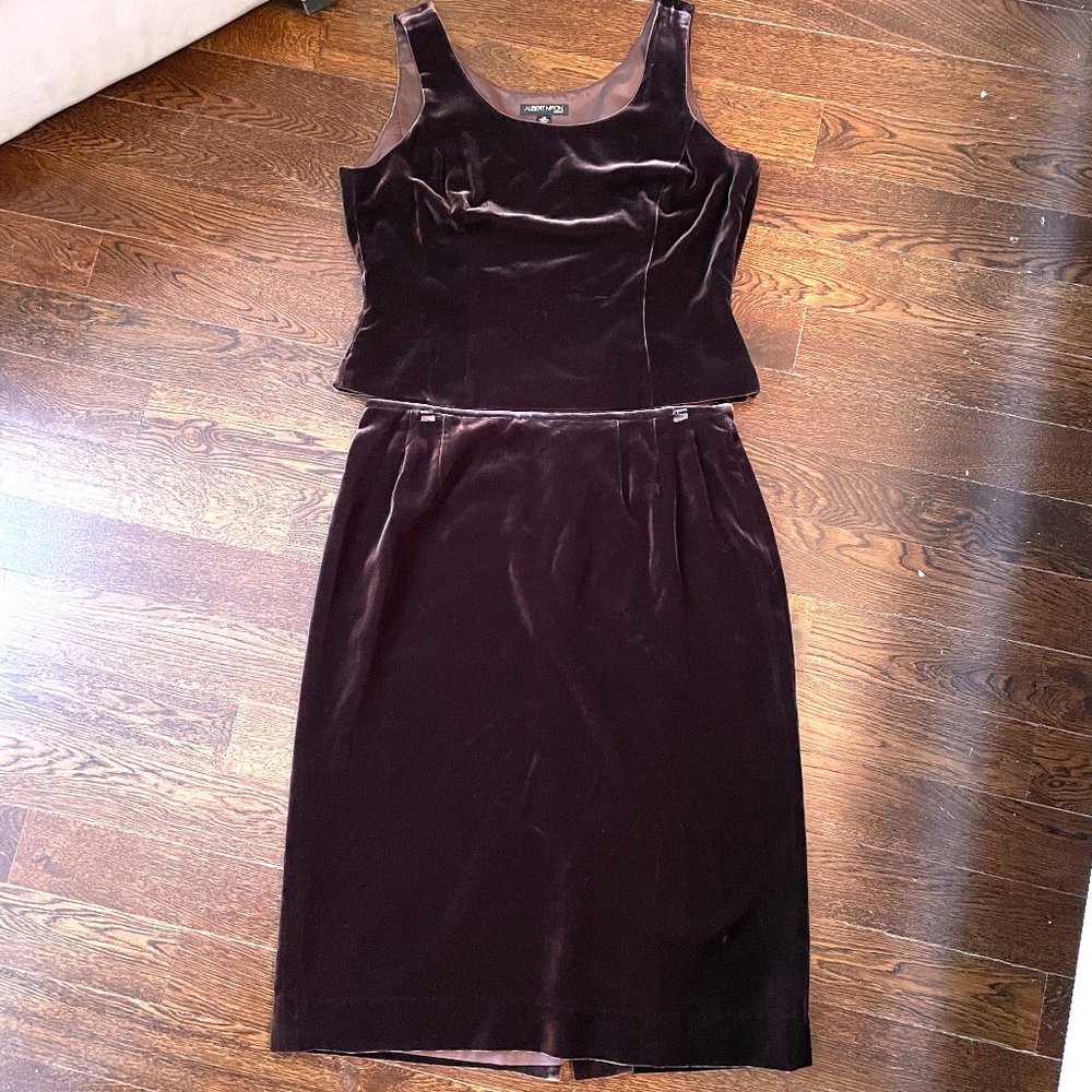 luxury Albert Nipon Evening 2 piece Brown Velvet Tank Top and Skirt